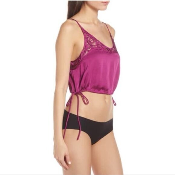 Free People Lace Detail Satin Crop Top With Adjustable Side Ties - Picture 4 of 6